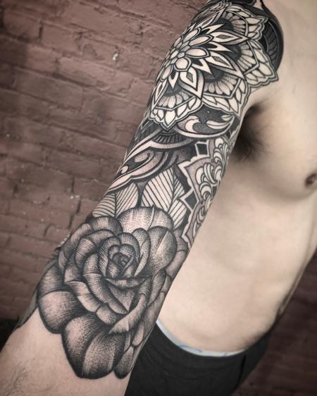 Tattoos - Rose closeup on Rowan's ornamental half sleeve - 125629